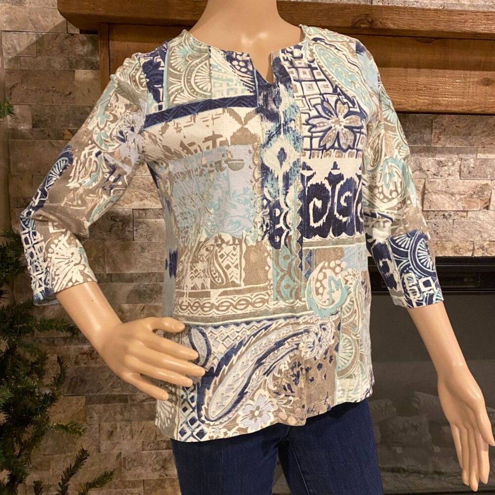 CHICO'S Multicolor Cotton Geometric Top Shirt Blouse 3/4 Sleeve Sz 0